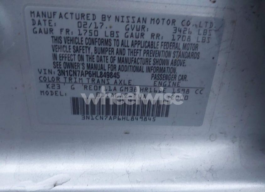 Photo 9 of 2017 Nissan Versa 1.6 S+ (VIN 3N1CN7AP6HL849845)