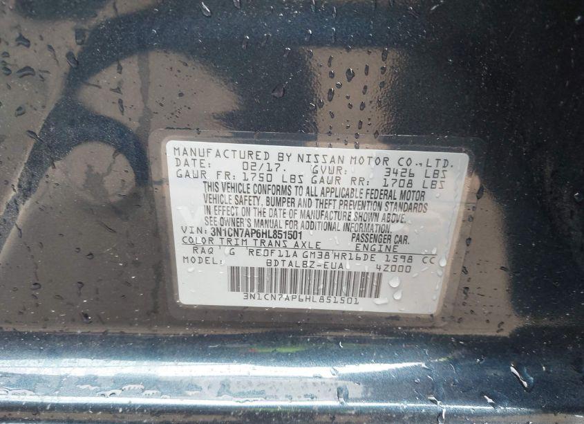 Photo 9 of 2017 Nissan Versa 1.6 SV (VIN 3N1CN7AP6HL851501)