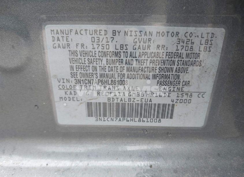 Photo 9 of 2017 Nissan Versa 1.6 SV (VIN 3N1CN7AP6HL861008)