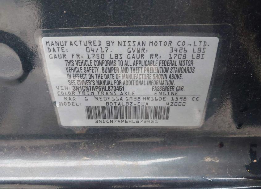 Photo 9 of 2017 Nissan Versa 1.6 SV (VIN 3N1CN7AP6HL873451)