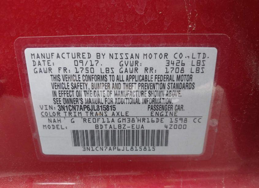 Photo 9 of 2018 Nissan Versa 1.6 SV (VIN 3N1CN7AP6JL815815)