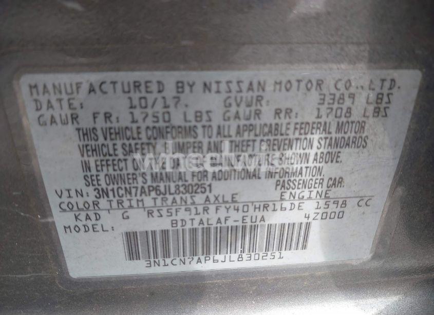 Photo 9 of 2018 Nissan Versa 1.6 S (VIN 3N1CN7AP6JL830251)