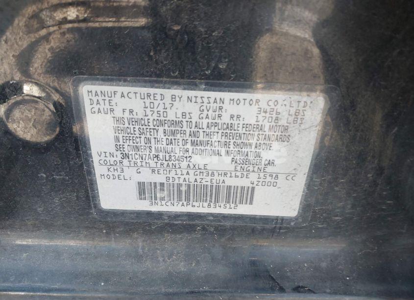 Photo 9 of 2018 Nissan Versa 1.6 S+ (VIN 3N1CN7AP6JL834512)