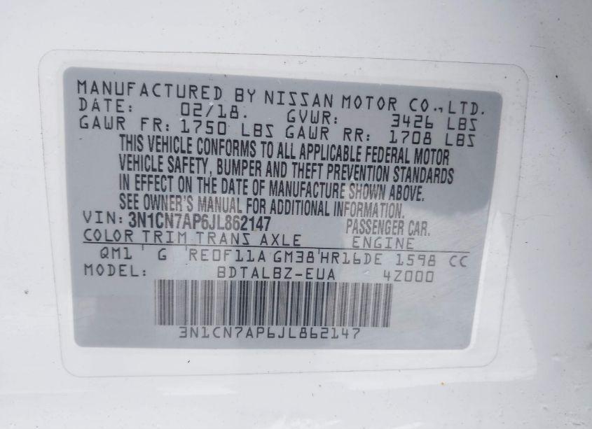 Photo 9 of 2018 Nissan Versa 1.6 SV (VIN 3N1CN7AP6JL862147)