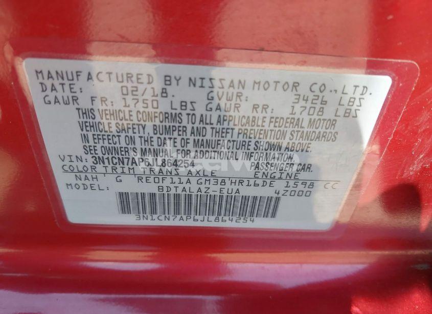 Photo 9 of 2018 Nissan Versa 1.6 S+ (VIN 3N1CN7AP6JL864254)