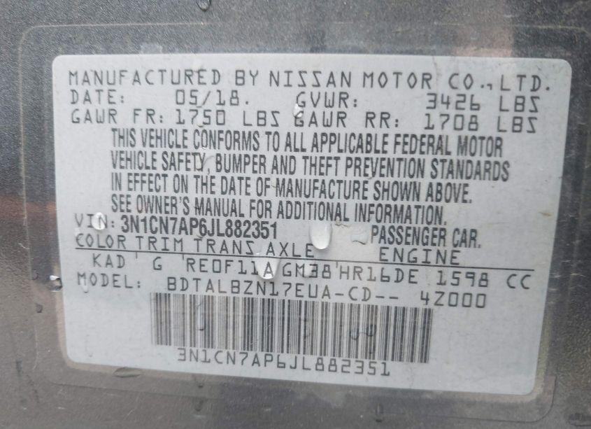 Photo 9 of 2018 Nissan Versa 1.6 SV (VIN 3N1CN7AP6JL882351)