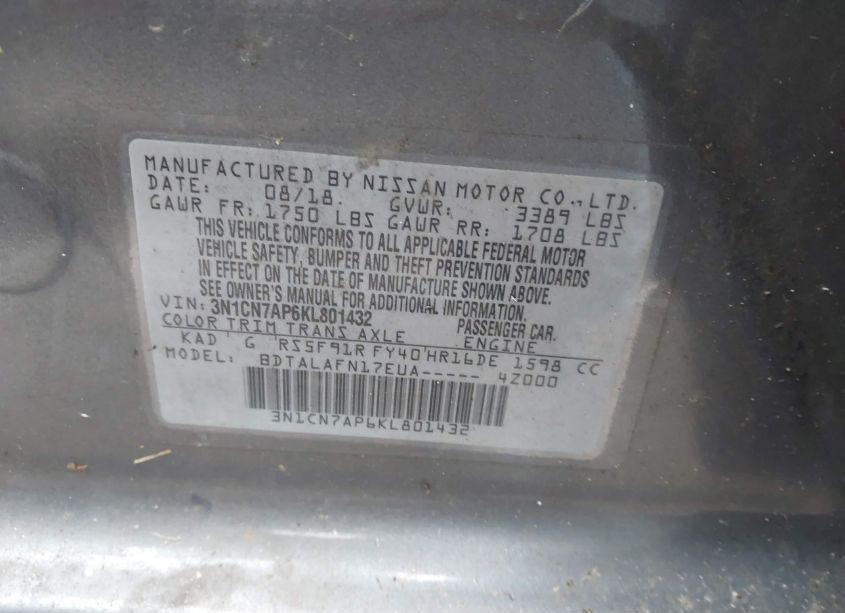 Photo 9 of 2019 Nissan Versa 1.6 S (VIN 3N1CN7AP6KL801432)