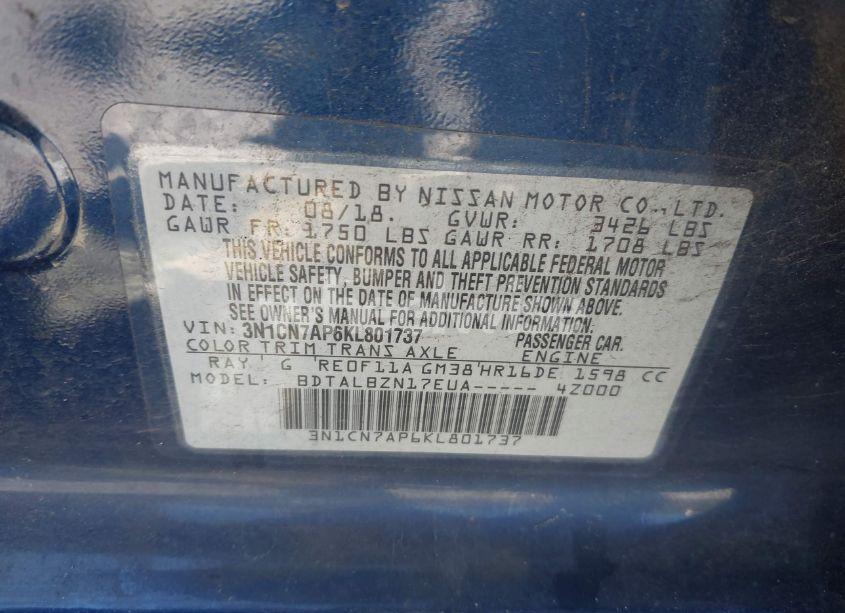 Photo 9 of 2019 Nissan Versa 1.6 SV (VIN 3N1CN7AP6KL801737)