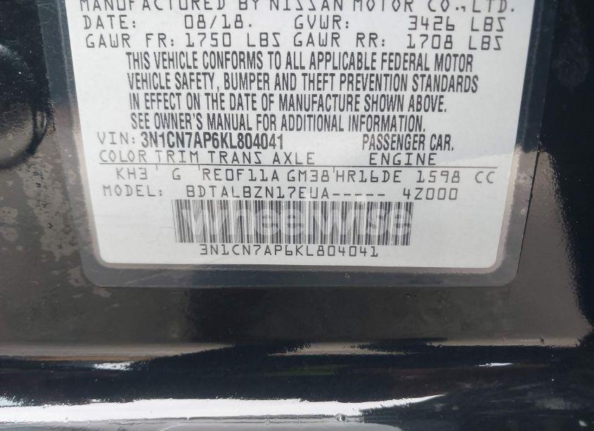 Photo 9 of 2019 Nissan Versa 1.6 SV (VIN 3N1CN7AP6KL804041)