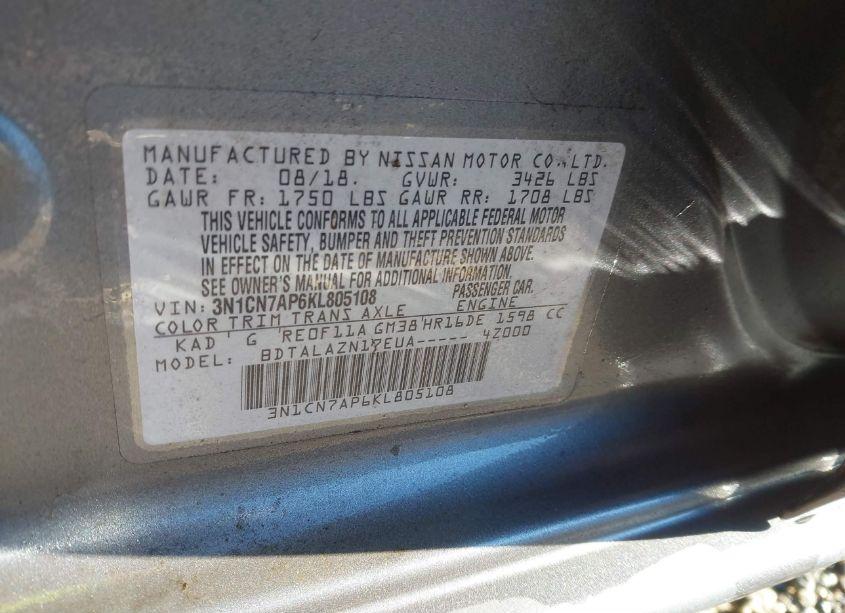 Photo 9 of 2019 Nissan Versa 1.6 S+ (VIN 3N1CN7AP6KL805108)