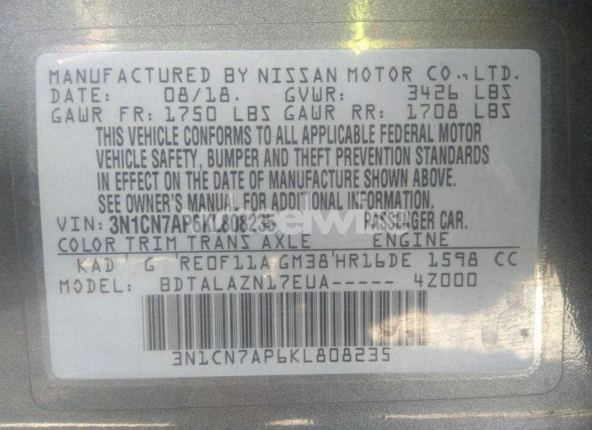 Photo 9 of 2019 Nissan Versa 1.6 S+ (VIN 3N1CN7AP6KL808235)