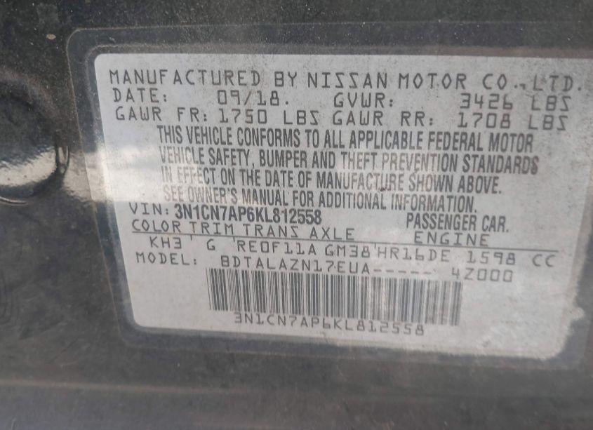 Photo 9 of 2019 Nissan Versa 1.6 S+ (VIN 3N1CN7AP6KL812558)