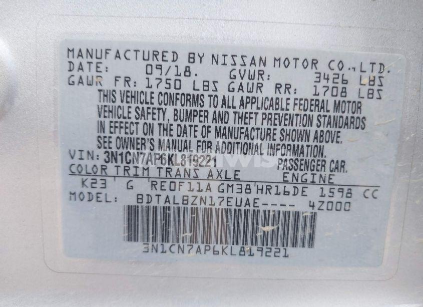 Photo 9 of 2019 Nissan Versa 1.6 SV (VIN 3N1CN7AP6KL819221)