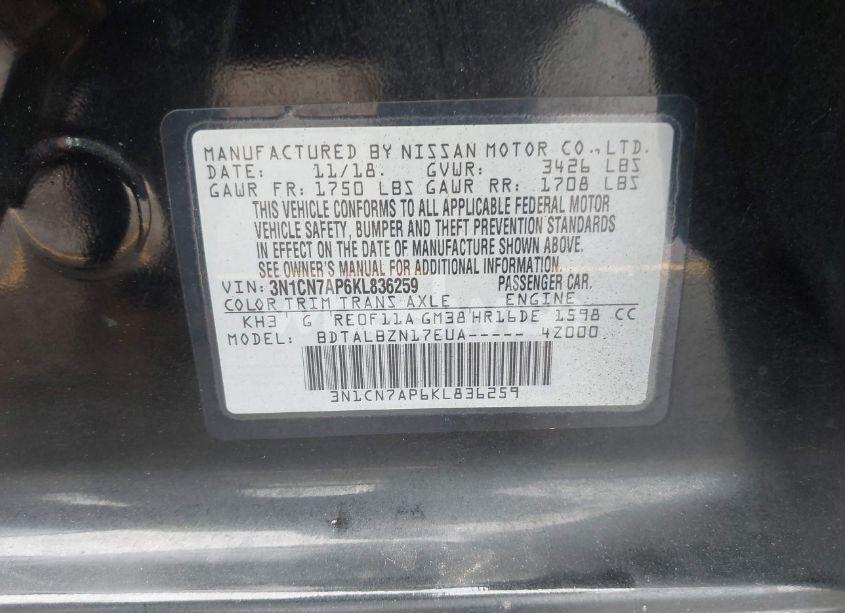 Photo 9 of 2019 Nissan Versa 1.6 SV (VIN 3N1CN7AP6KL836259)