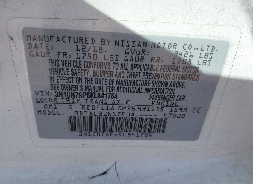 Photo 9 of 2019 Nissan Versa 1.6 SV (VIN 3N1CN7AP6KL841784)