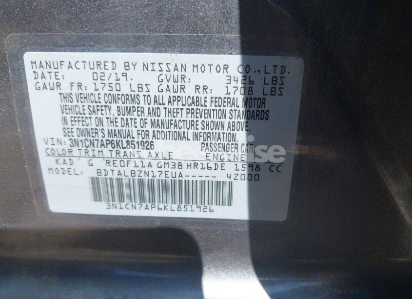 Photo 9 of 2019 Nissan Versa 1.6 SV (VIN 3N1CN7AP6KL851926)