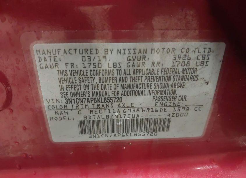 Photo 9 of 2019 Nissan Versa 1.6 SV (VIN 3N1CN7AP6KL855720)
