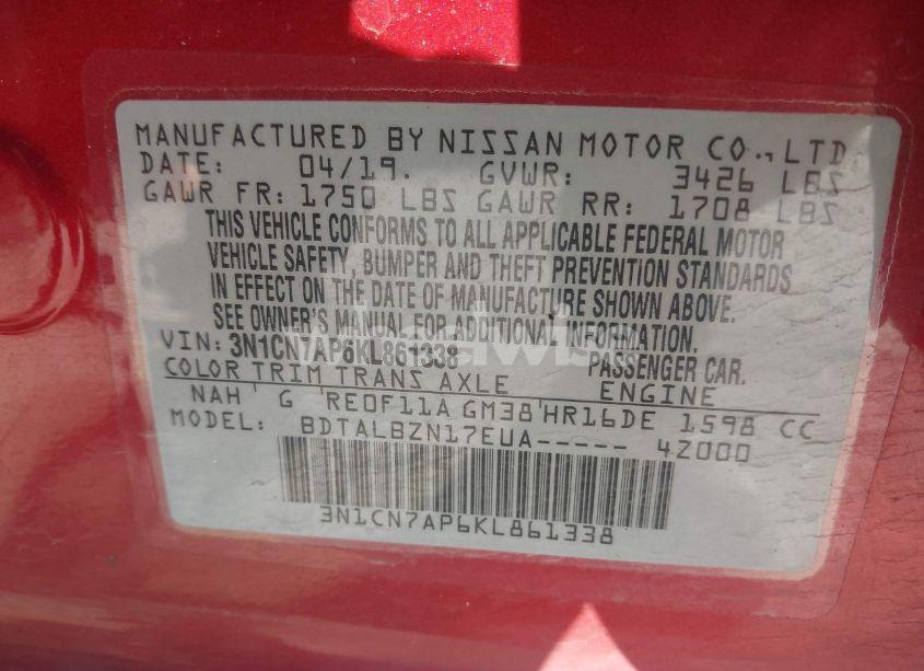 Photo 9 of 2019 Nissan Versa 1.6 SV (VIN 3N1CN7AP6KL861338)