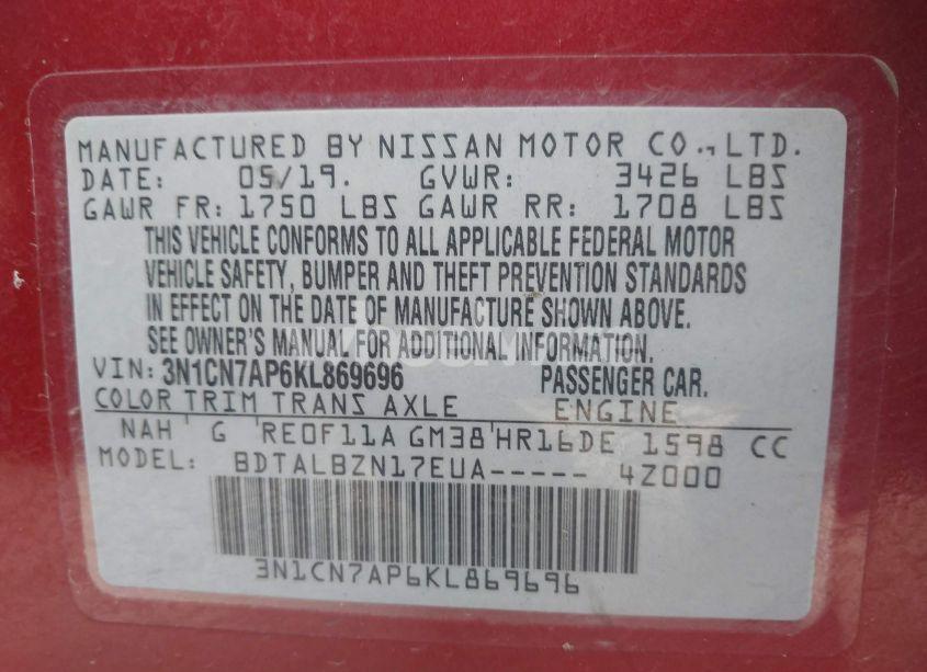 Photo 9 of 2019 Nissan Versa 1.6 SV (VIN 3N1CN7AP6KL869696)