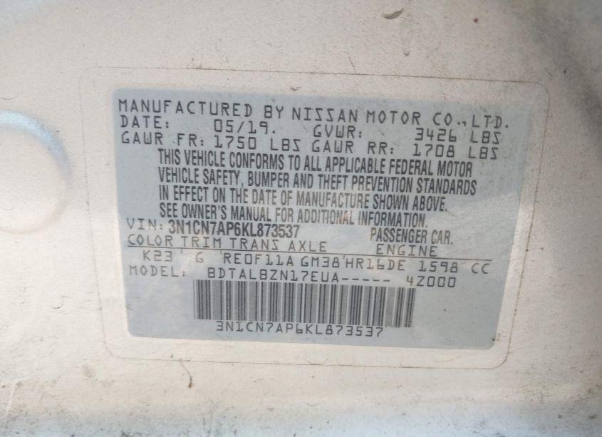 Photo 9 of 2019 Nissan Versa 1.6 SV (VIN 3N1CN7AP6KL873537)