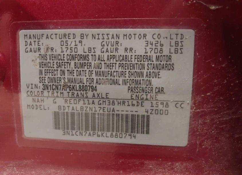 Photo 9 of 2019 Nissan Versa 1.6 SV (VIN 3N1CN7AP6KL880794)