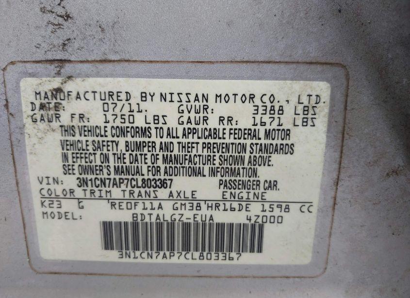 Photo 9 of 2012 Nissan Versa 1.6 SL (VIN 3N1CN7AP7CL803367)