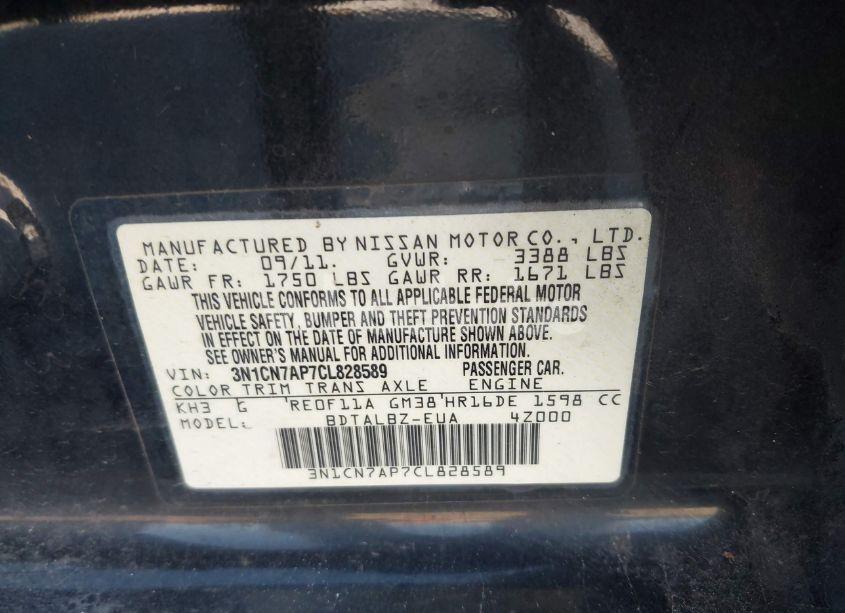 Photo 9 of 2012 Nissan Versa 1.6 SV (VIN 3N1CN7AP7CL828589)