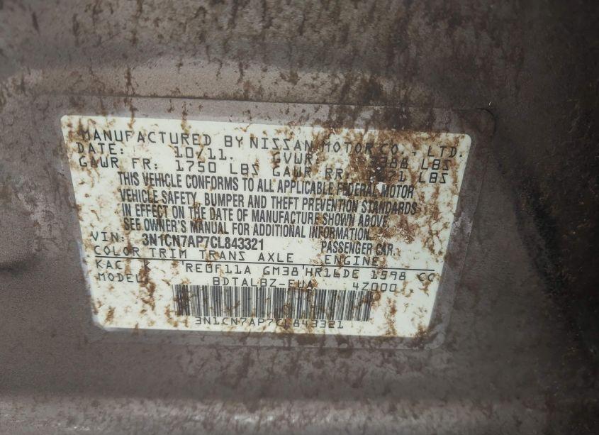 Photo 9 of 2012 Nissan Versa 1.6 SV (VIN 3N1CN7AP7CL843321)