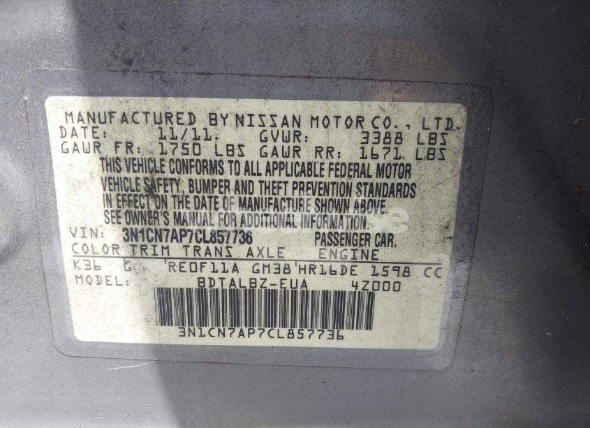 Photo 9 of 2012 Nissan Versa 1.6 SV (VIN 3N1CN7AP7CL857736)