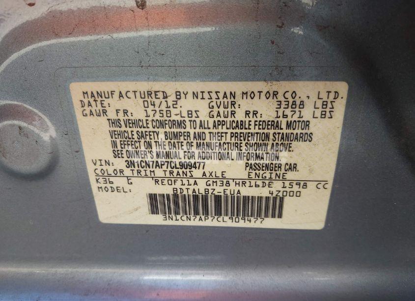 Photo 9 of 2012 Nissan Versa 1.6 SV (VIN 3N1CN7AP7CL909477)