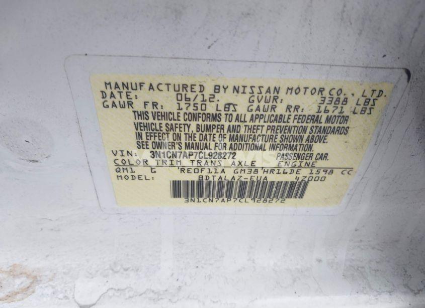 Photo 9 of 2012 Nissan Versa 1.6 S (VIN 3N1CN7AP7CL928272)