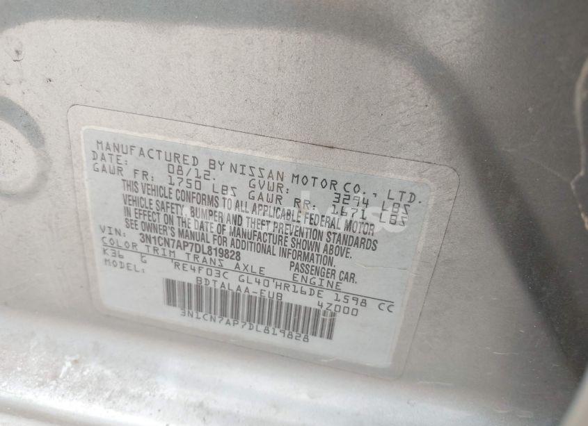 Photo 9 of 2013 Nissan Versa 1.6 S (VIN 3N1CN7AP7DL819828)