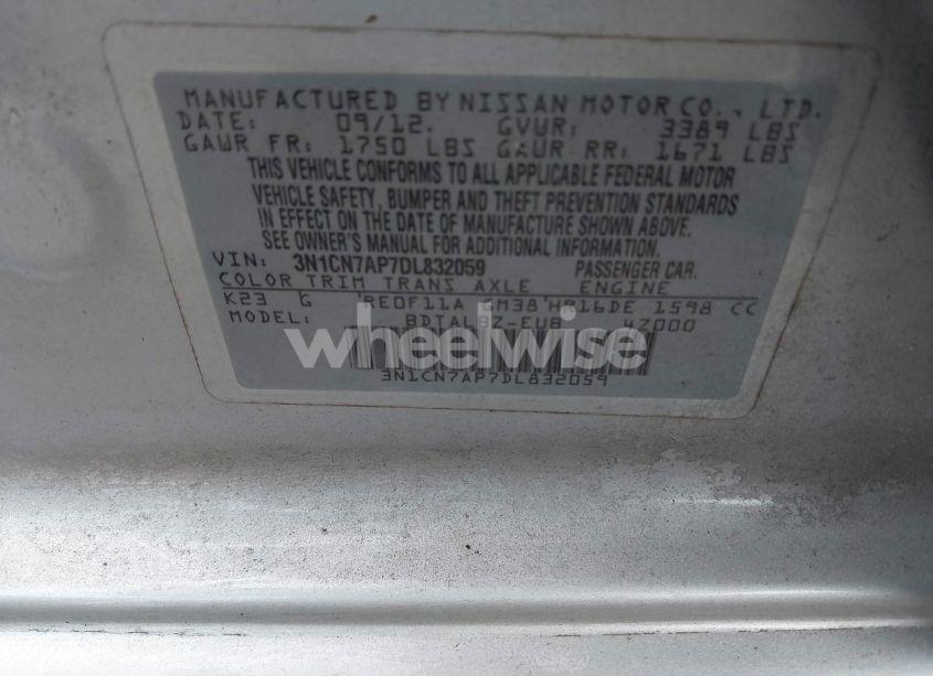 Photo 9 of 2013 Nissan Versa 1.6 SV (VIN 3N1CN7AP7DL832059)