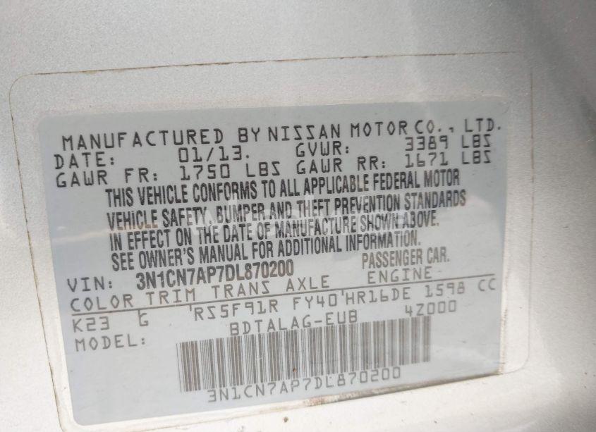 Photo 9 of 2013 Nissan Versa 1.6 S (VIN 3N1CN7AP7DL870200)