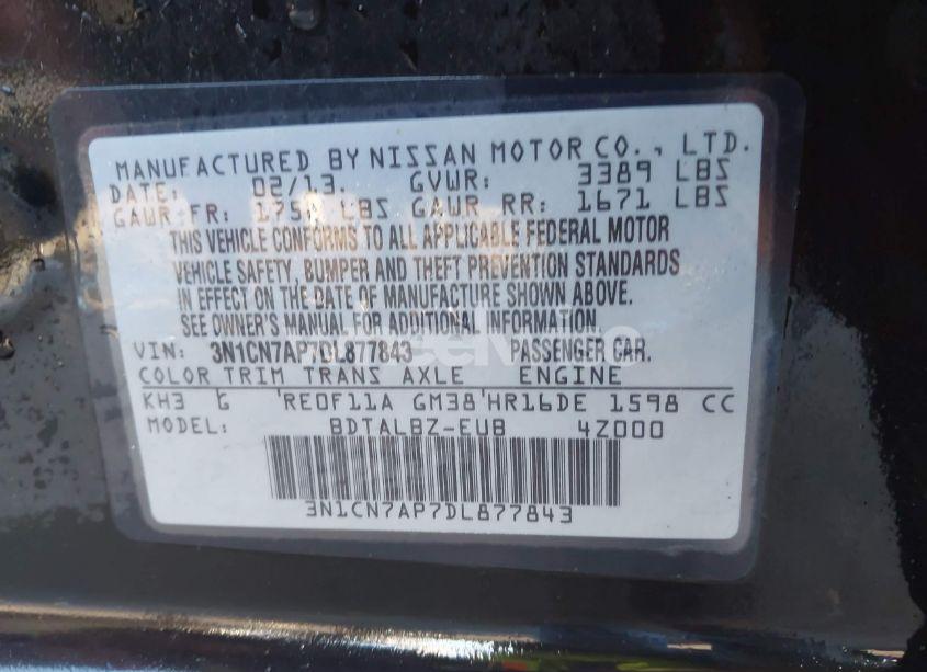 Photo 8 of 2013 Nissan Versa 1.6 SV (VIN 3N1CN7AP7DL877843)