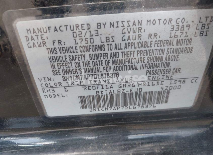 Photo 9 of 2013 Nissan Versa 1.6 SV (VIN 3N1CN7AP7DL878376)