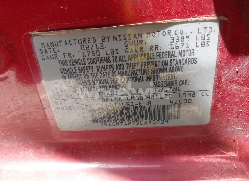 Photo 9 of 2013 Nissan Versa 1.6 SV (VIN 3N1CN7AP7DL880709)