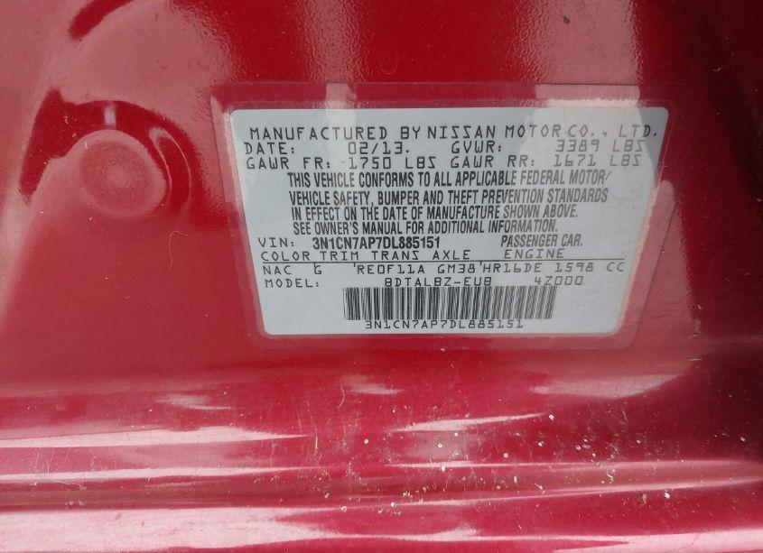 Photo 9 of 2013 Nissan Versa 1.6 SV (VIN 3N1CN7AP7DL885151)