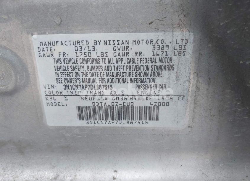 Photo 9 of 2013 Nissan Versa 1.6 SV (VIN 3N1CN7AP7DL887515)