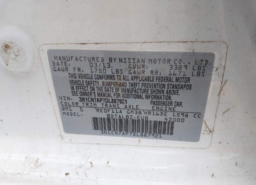 Photo 9 of 2013 Nissan Versa 1.6 SV (VIN 3N1CN7AP7DL887921)