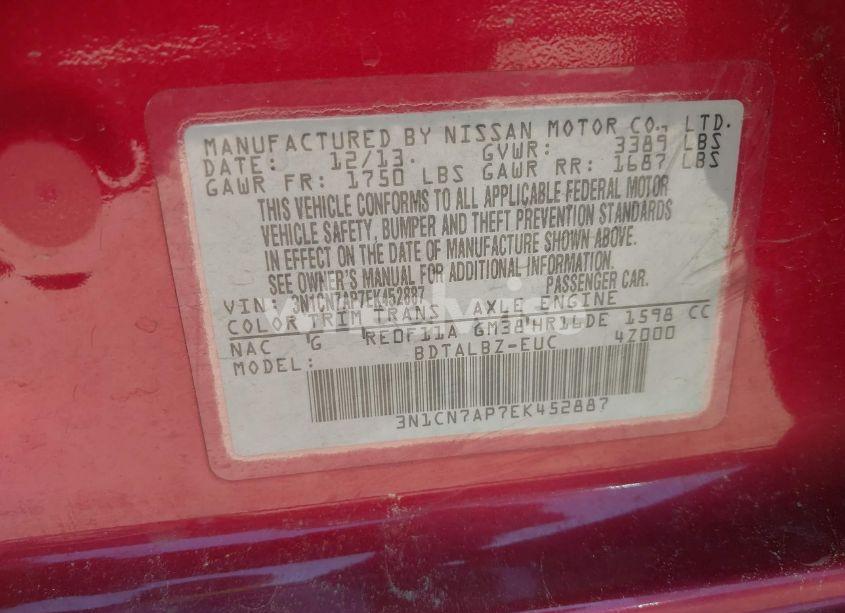 Photo 9 of 2014 Nissan Versa 1.6 S/1.6 S+/1.6 SL/1.6 SV (VIN 3N1CN7AP7EK452887)