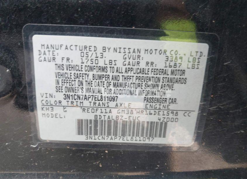 Photo 9 of 2014 Nissan Versa 1.6 SV (VIN 3N1CN7AP7EL811097)