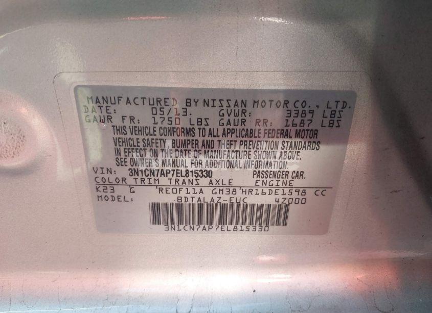 Photo 9 of 2014 Nissan Versa 1.6 S+ (VIN 3N1CN7AP7EL815330)