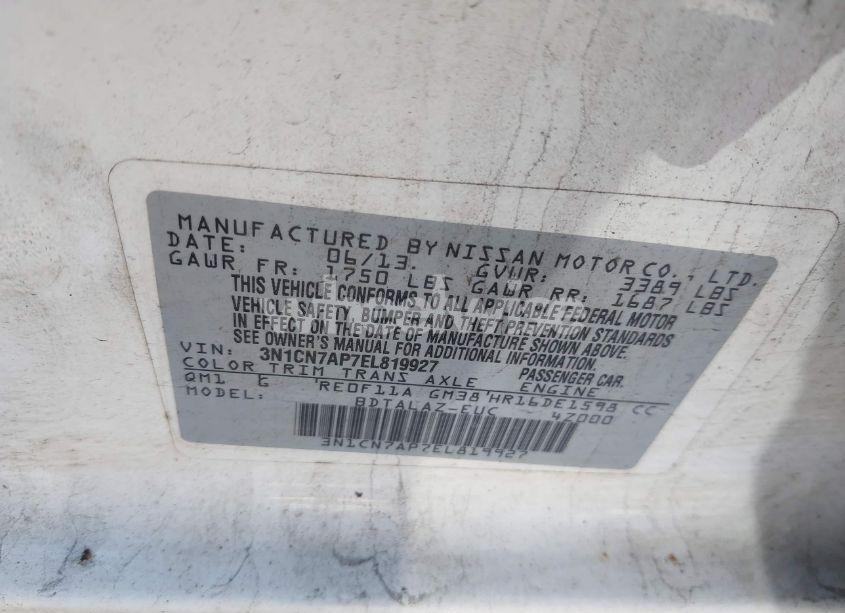 Photo 9 of 2014 Nissan Versa 1.6 S+ (VIN 3N1CN7AP7EL819927)