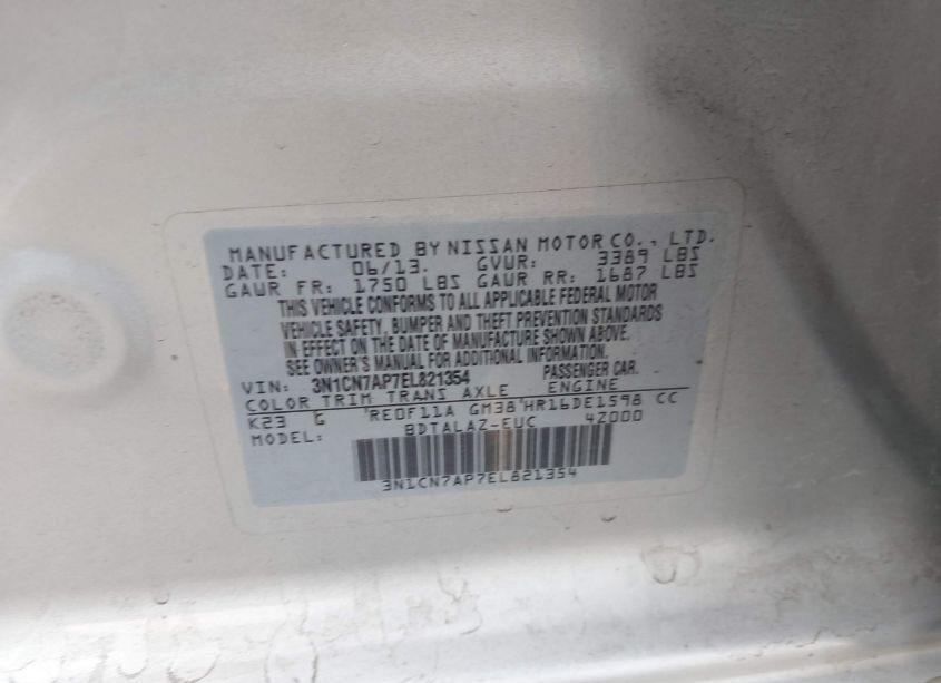 Photo 9 of 2014 Nissan Versa 1.6 S+ (VIN 3N1CN7AP7EL821354)