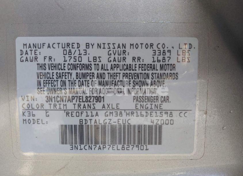 Photo 9 of 2014 Nissan Versa 1.6 SL (VIN 3N1CN7AP7EL827901)