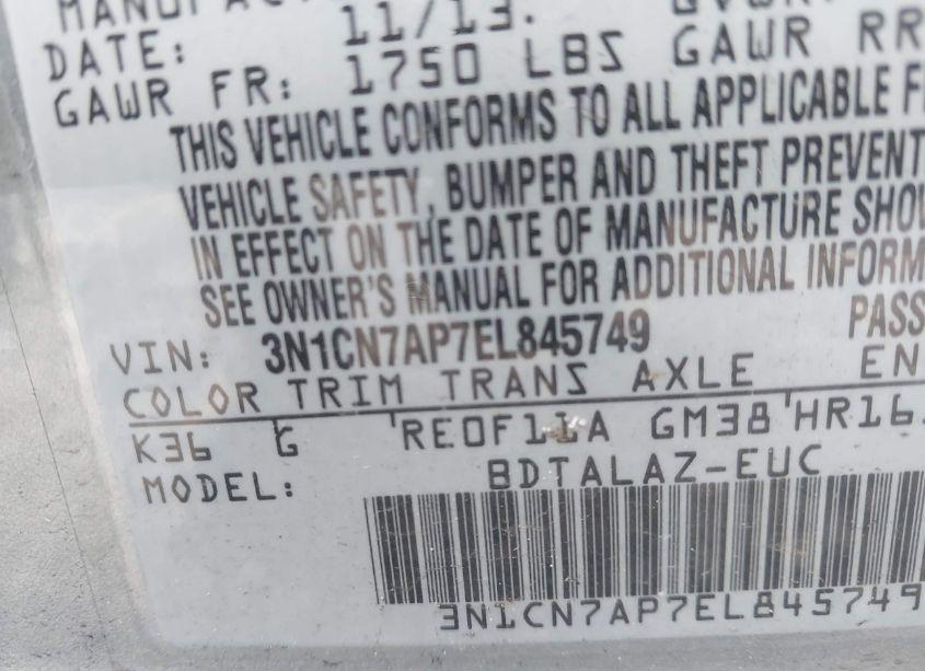 Photo 9 of 2014 Nissan Versa 1.6 S+ (VIN 3N1CN7AP7EL845749)