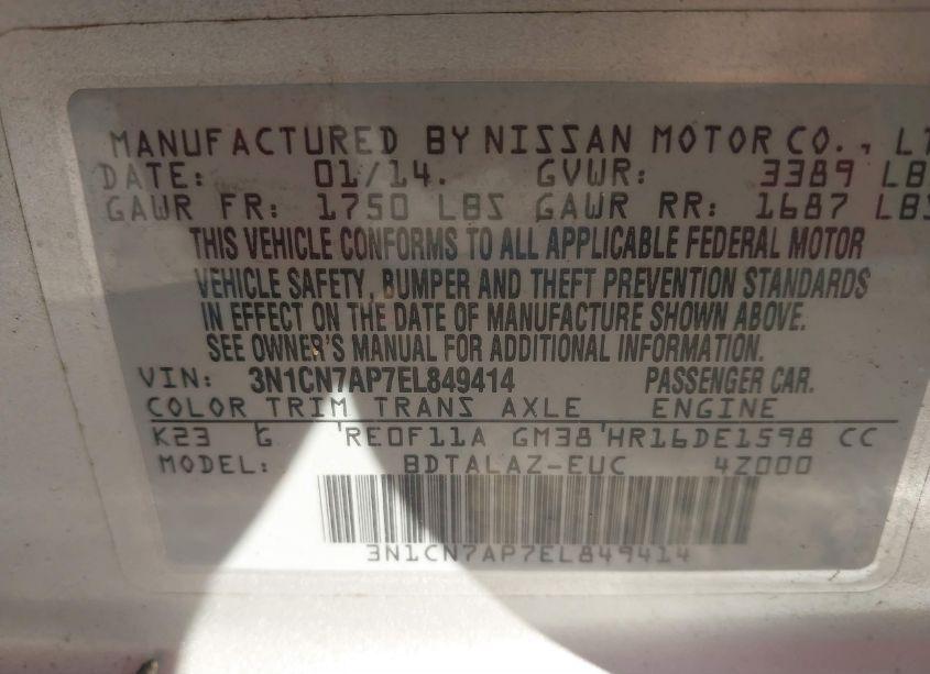 Photo 9 of 2014 Nissan Versa 1.6 S+ (VIN 3N1CN7AP7EL849414)