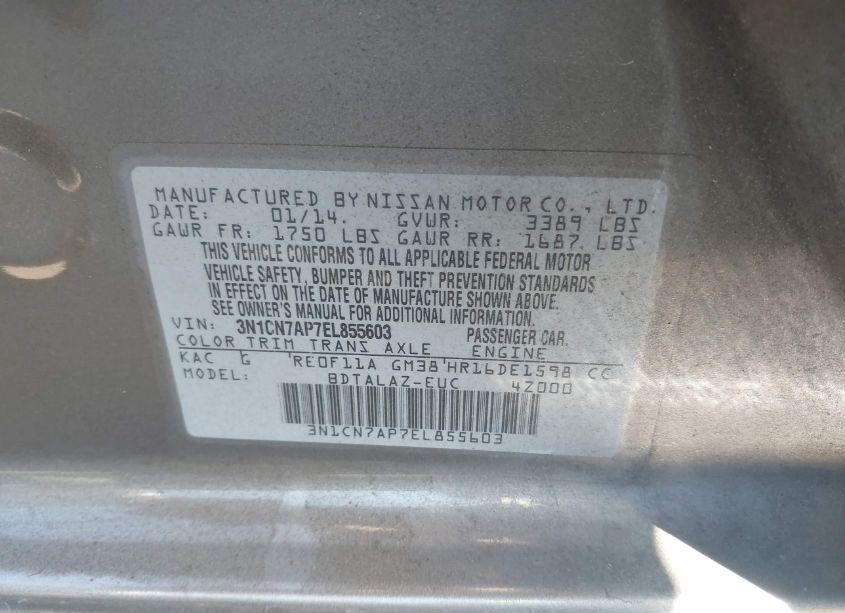 Photo 9 of 2014 Nissan Versa 1.6 S+ (VIN 3N1CN7AP7EL855603)