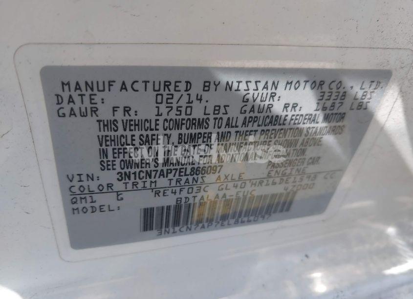 Photo 9 of 2014 Nissan Versa 1.6 S (VIN 3N1CN7AP7EL866097)